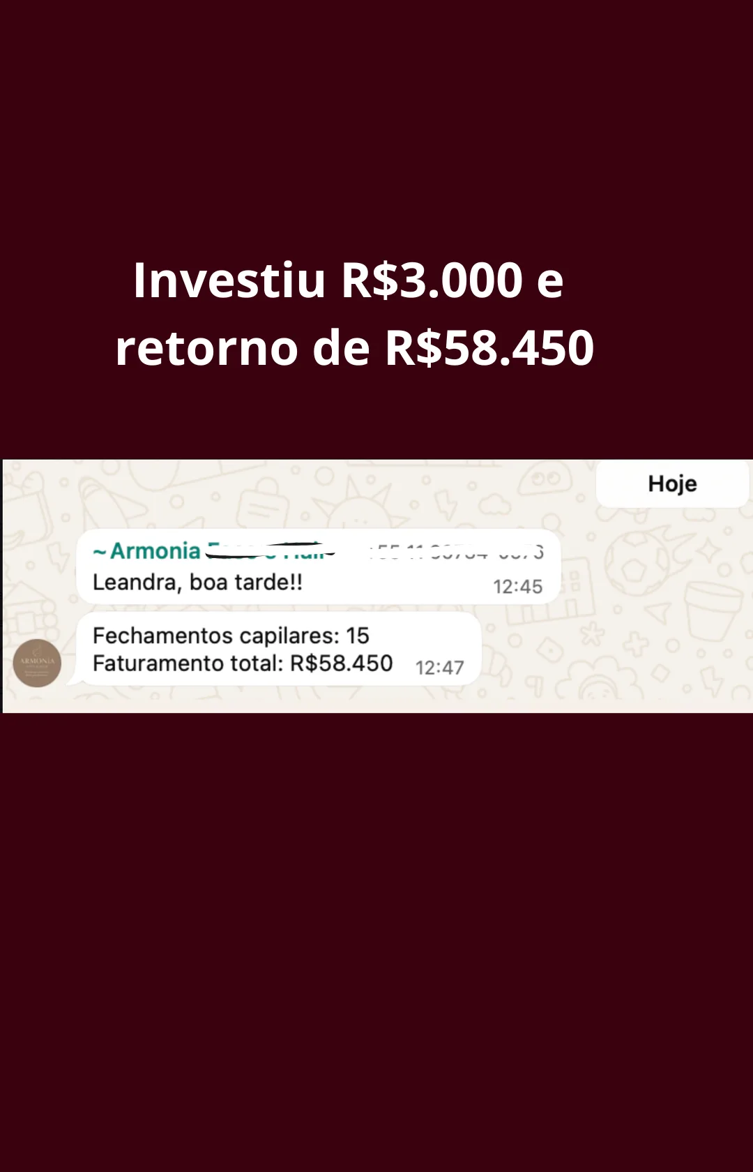 Print de WhatsApp: cliente investiu R$3.000 e teve retorno de R$58.450